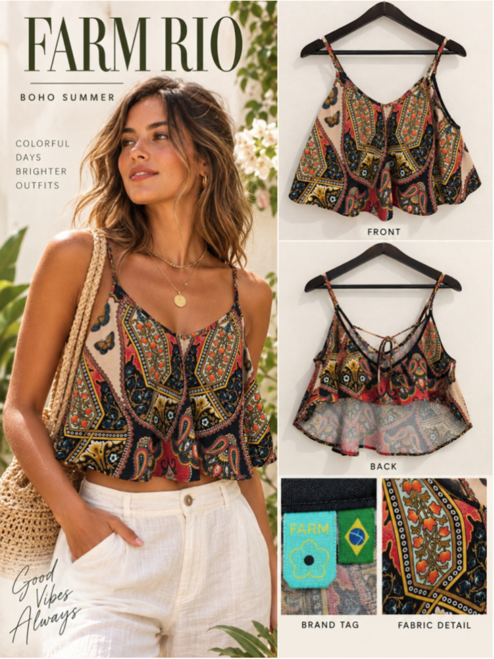 FARM Rio Boho Paisley Butterfly Cropped Cami Tank Top
